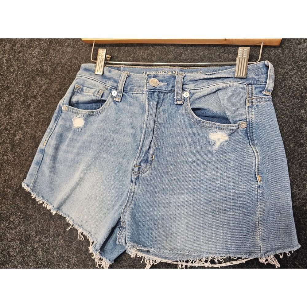 American Eagle Mom Jean Shorts Womens 2 Blue High Rise Distressed Frayed Hem - Picture 2 of 8